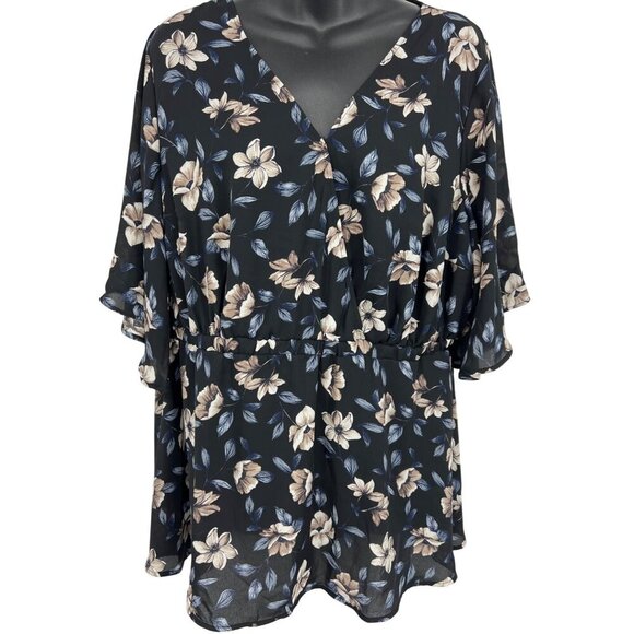 Torrid Plus Women Top Blouse 1 1X Floral Flutter Short Sleeve V-Neck Black NWOT - Picture 1 of 9